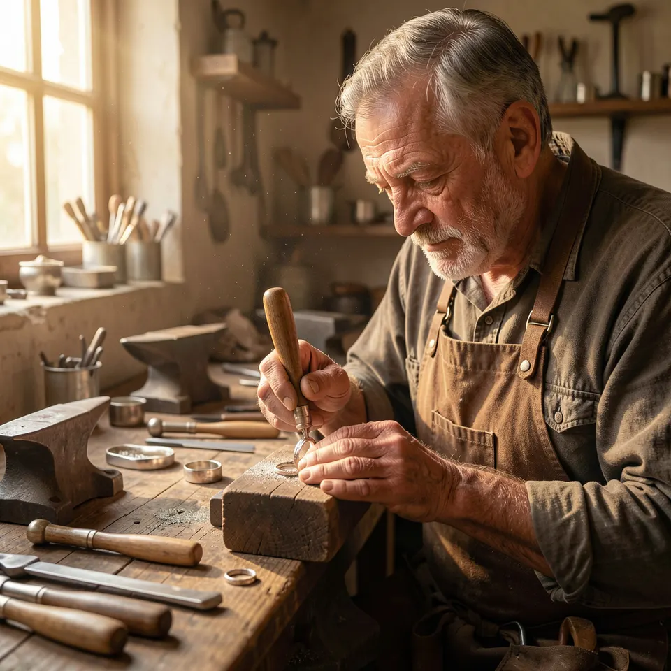 An elderly silversmith at his workbench, carefully working a silver ring with a hand tool, surrounded by anvils, hammers and files
